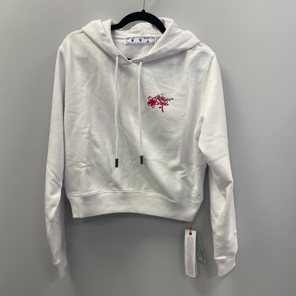 Off-White Cny White Red Floral Graphic Cropped Hoodie - Xs Or Small - Nwt